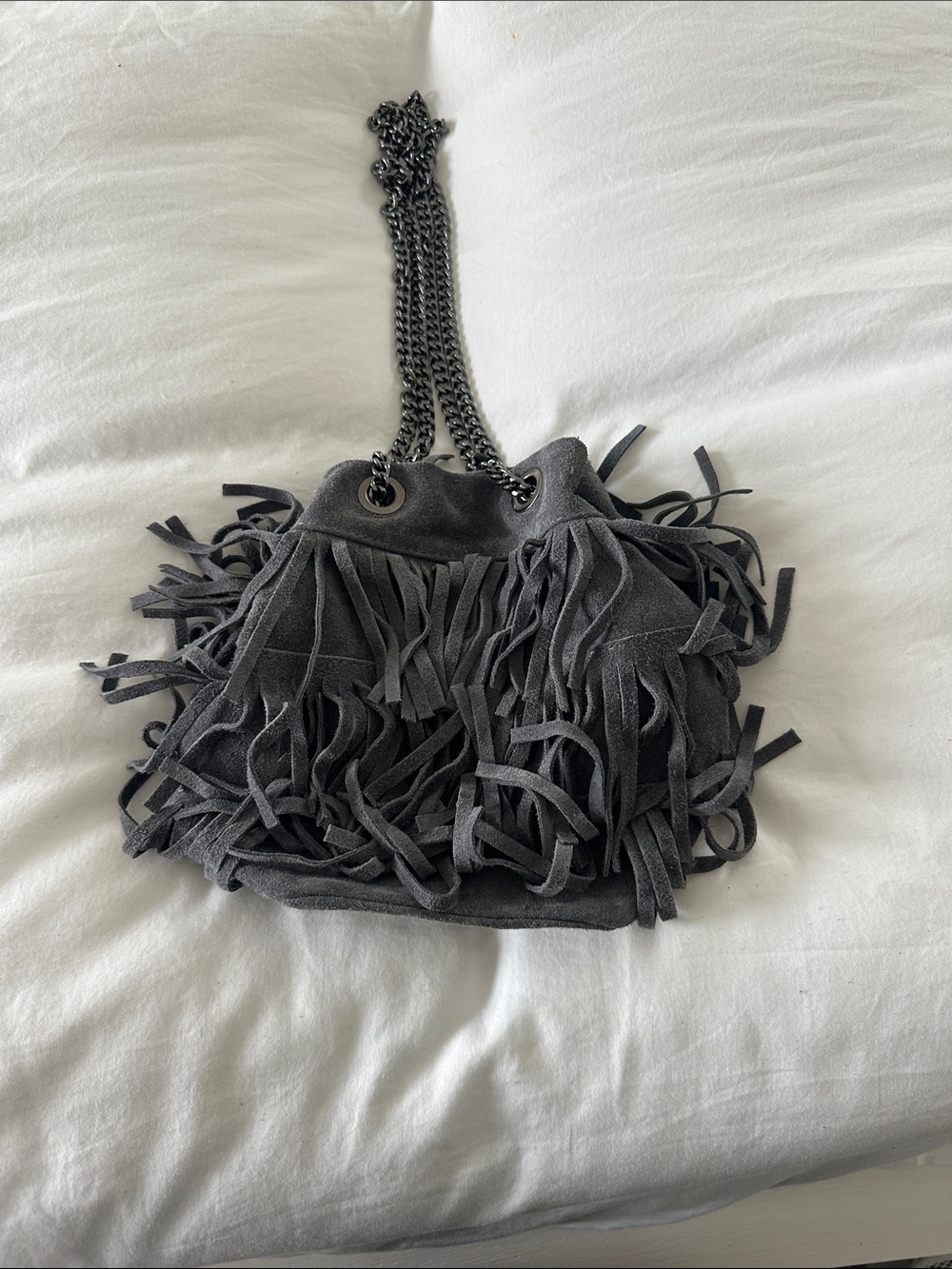 Gray Suede Fringe Shoulder Bag with Chain Strap